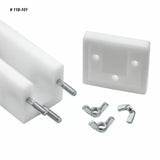 Woodworking jig hardware set with white plastic blocks, metal bolts, and wing nuts