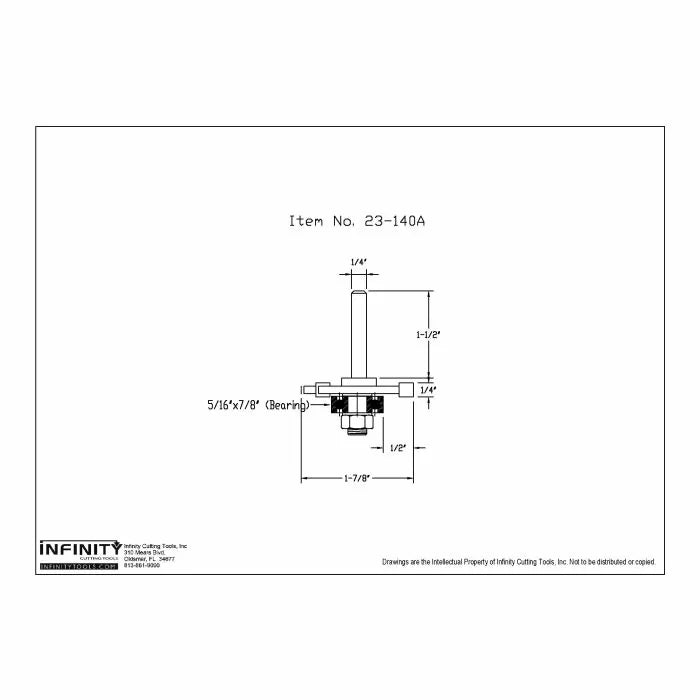 Technical drawing of router bit with dimensions and bearing, labeled item 23-140A.