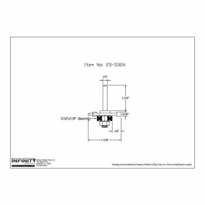 Technical drawing of router bit with bearing, labeled dimensions and item number 23-532A.