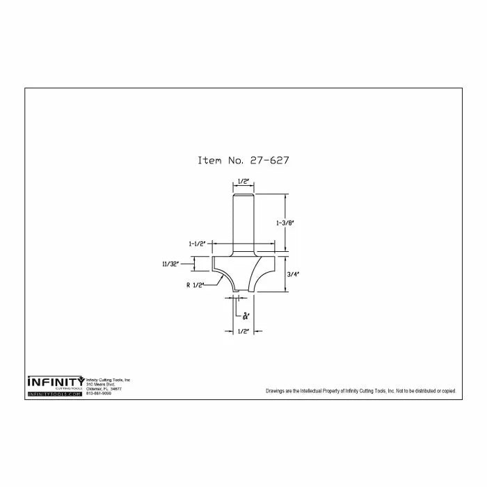 Router bit technical drawing with measurements, woodworking tool diagram, item 27-627