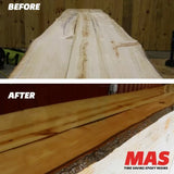 Before and after comparison of unfinished and epoxy-finished live edge wood slab for woodworking.