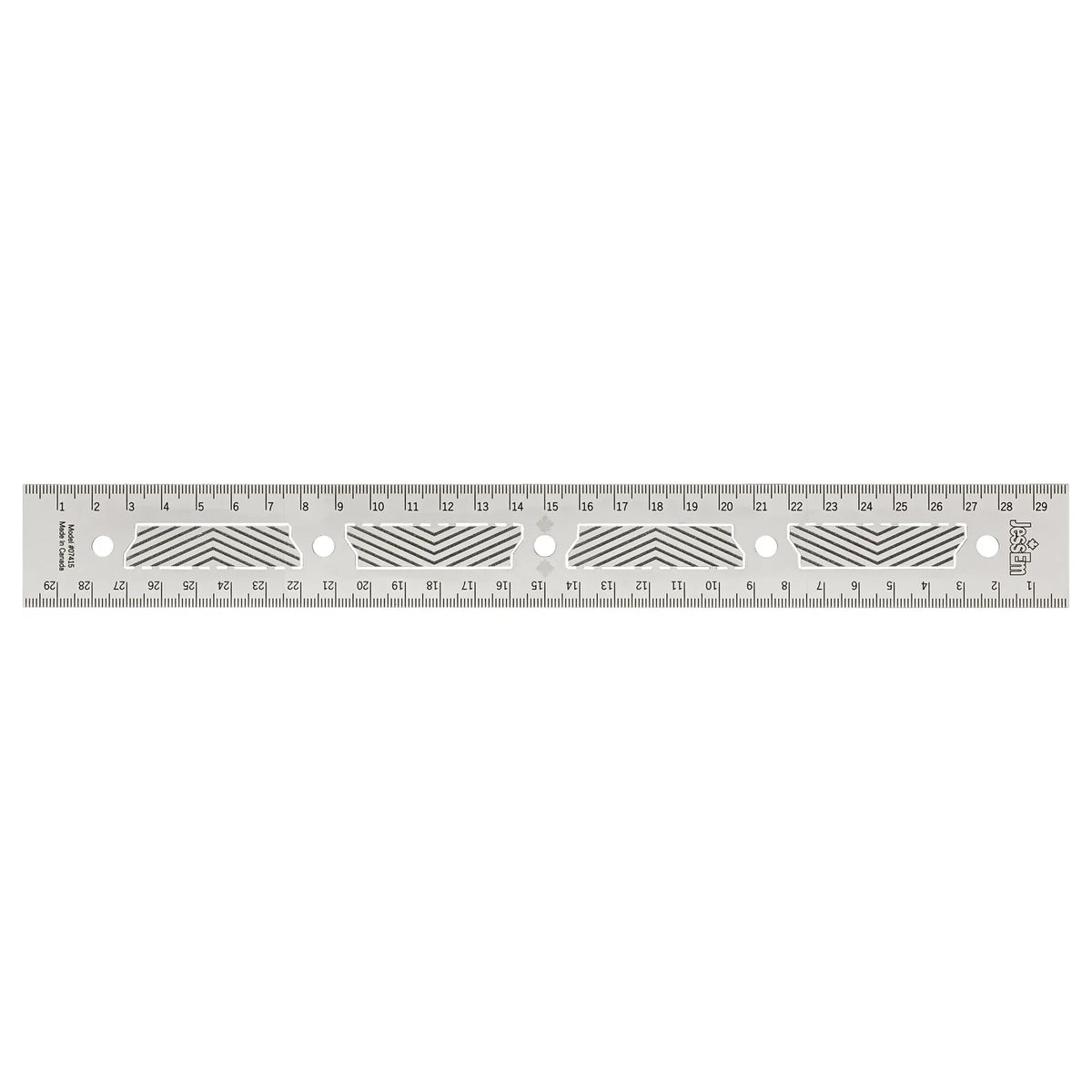 Stainless steel woodworking ruler with metric and inch measurements, precision markings, and guide holes.