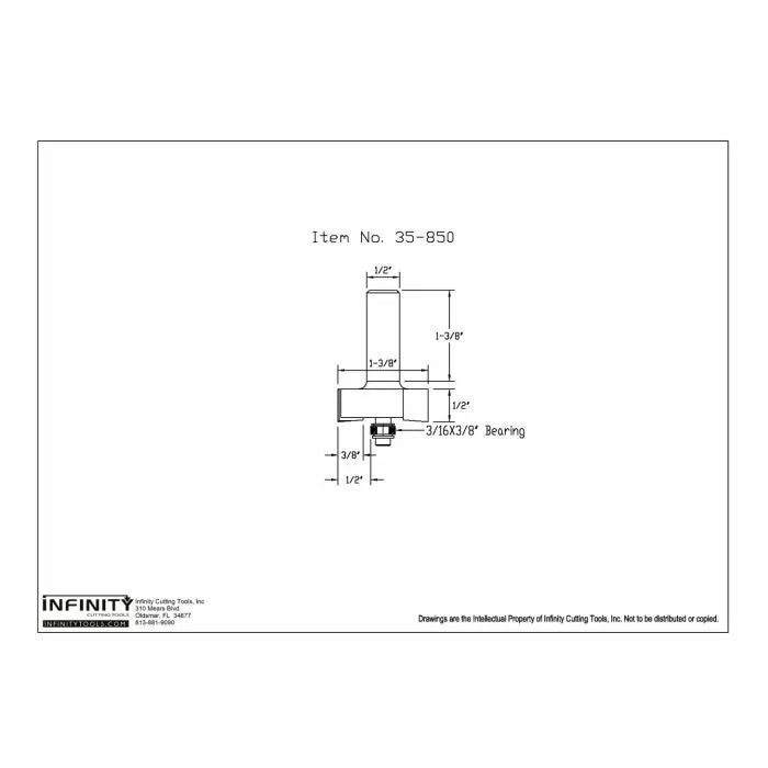 Router bit technical drawing with detailed measurements and labeled bearing