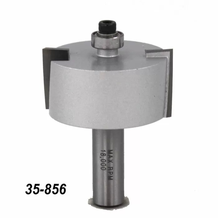 Carbide straight router bit for woodworking, two-flute, with bearing, part number 35-856.