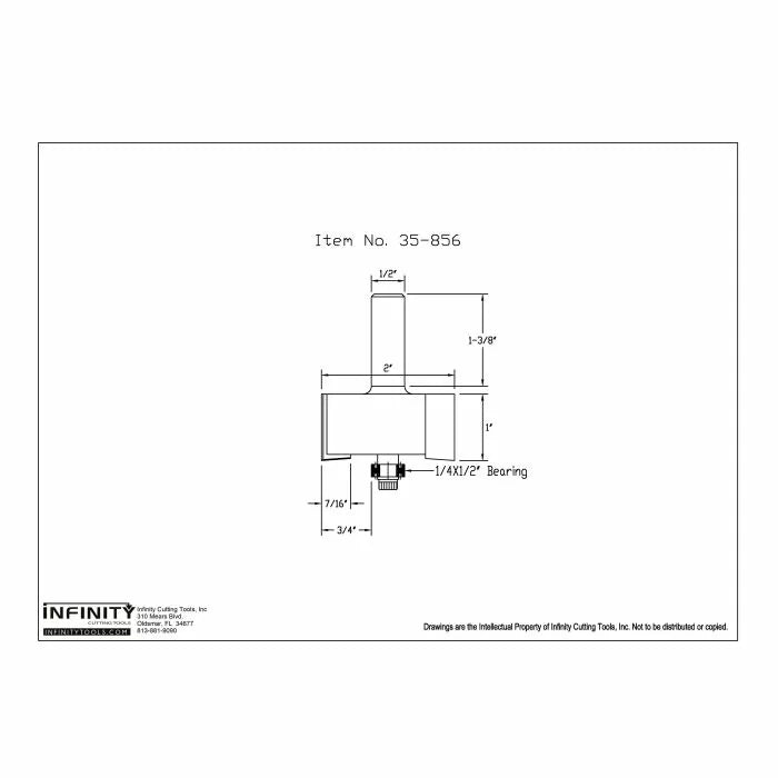 Technical drawing of router bit with dimensions, 1/2 inch shank, 1 inch cutting depth, bearing.