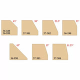 Diagram showing woodworking chamfer profiles with labeled angles and part numbers.