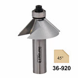 45-degree chamfer router bit with carbide blades, labeled 36-920, for woodworking joints
