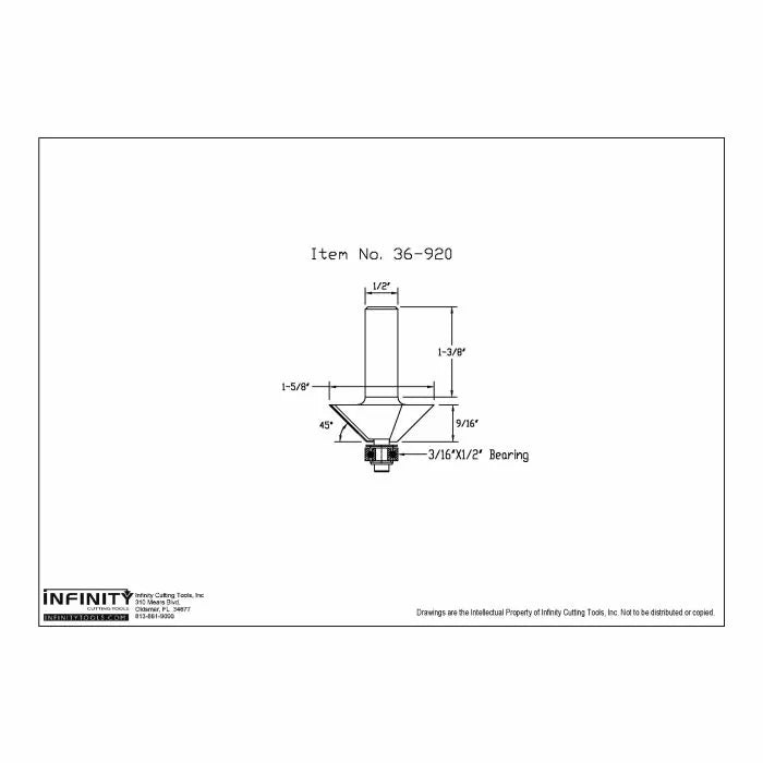 Technical diagram of 36-920 router bit with dimensions and bearing size for woodworking.