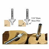 Woodworking router bits with brass pilot cutting decorative edges on wooden letters