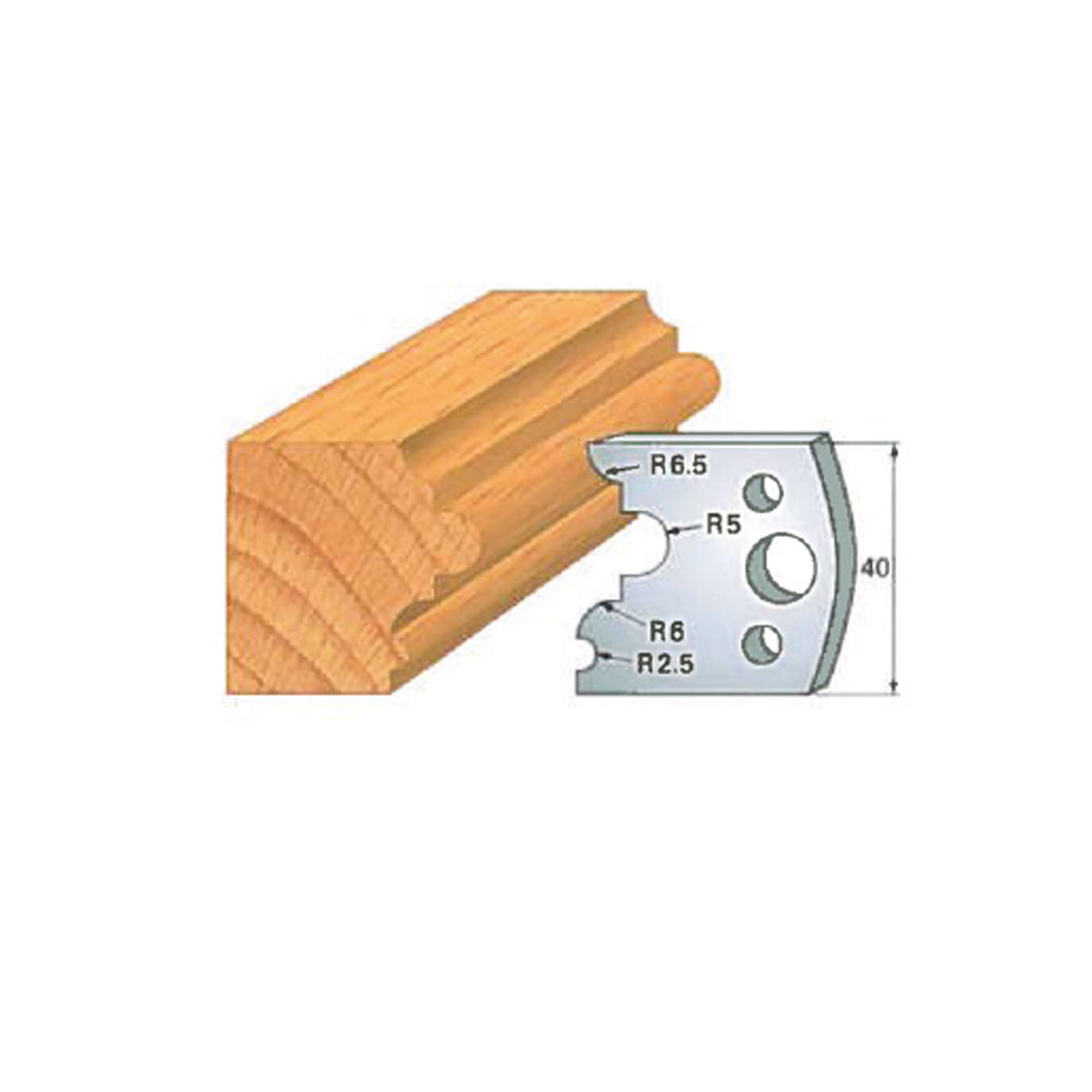Woodworking molding cutter profile with cutting blade and wood sample, showing curved edge design.