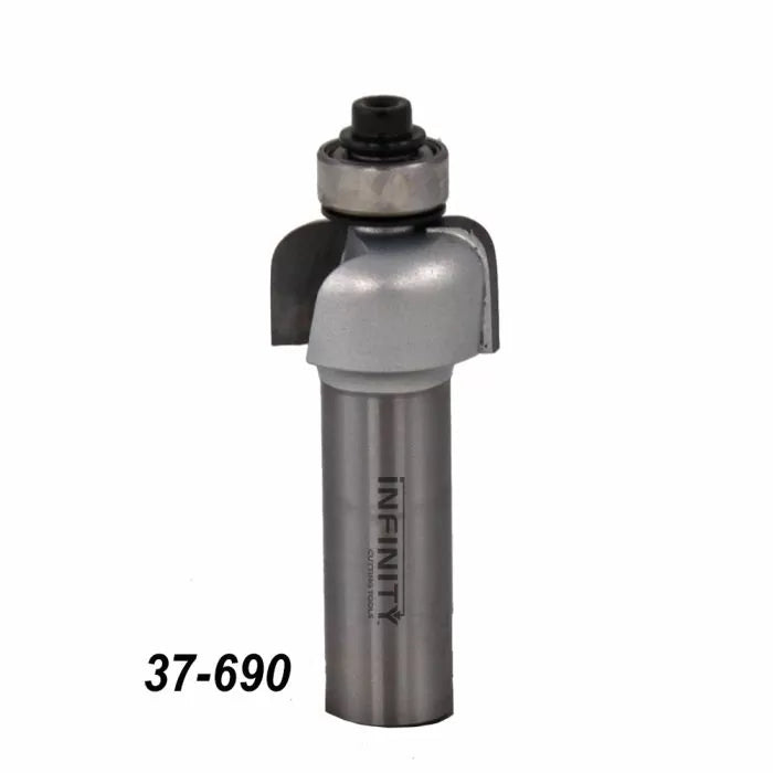Roundover router bit with bearing for woodworking, product number 37-690 on white background