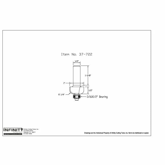 Technical drawing of router bit with 1/2 inch shank and 3/16 x 1/2 inch bearing