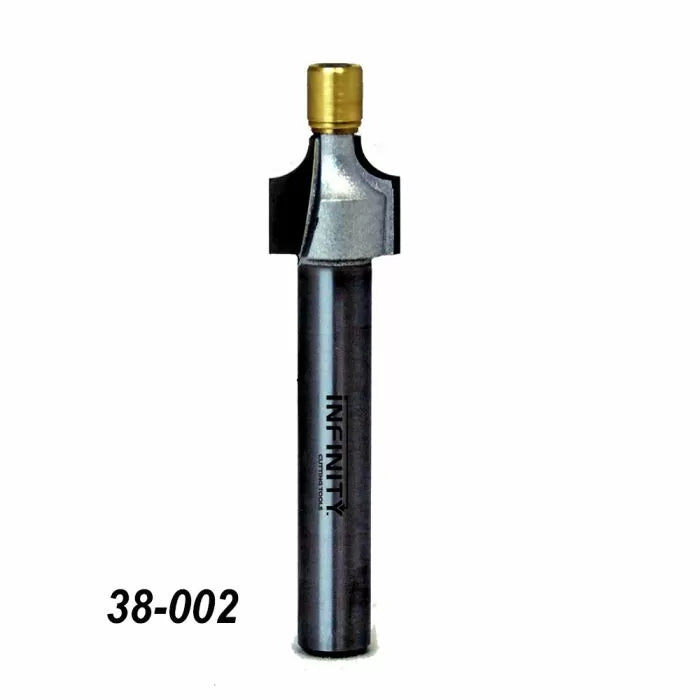 Straight router bit with carbide tip and guide bearing for woodworking, part number 38-002