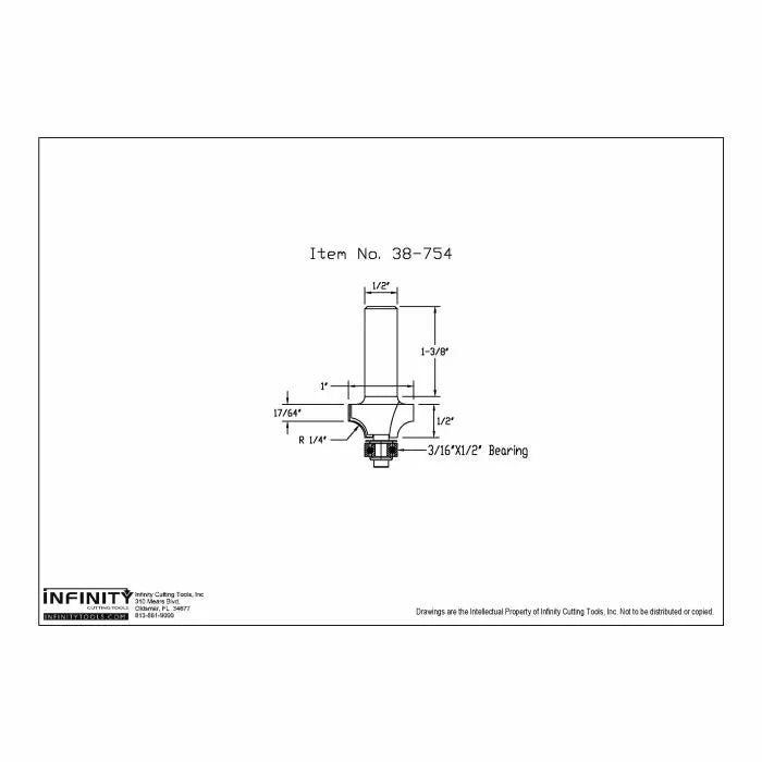 Technical drawing of woodworking router bit with labeled dimensions and bearing size