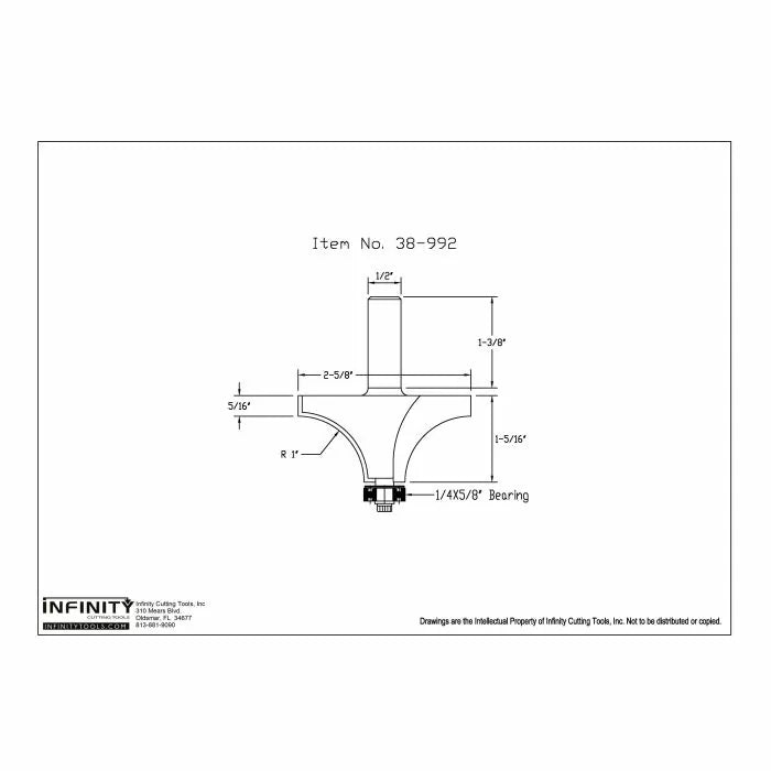 Technical drawing of woodworking router bit with dimensions and bearing details