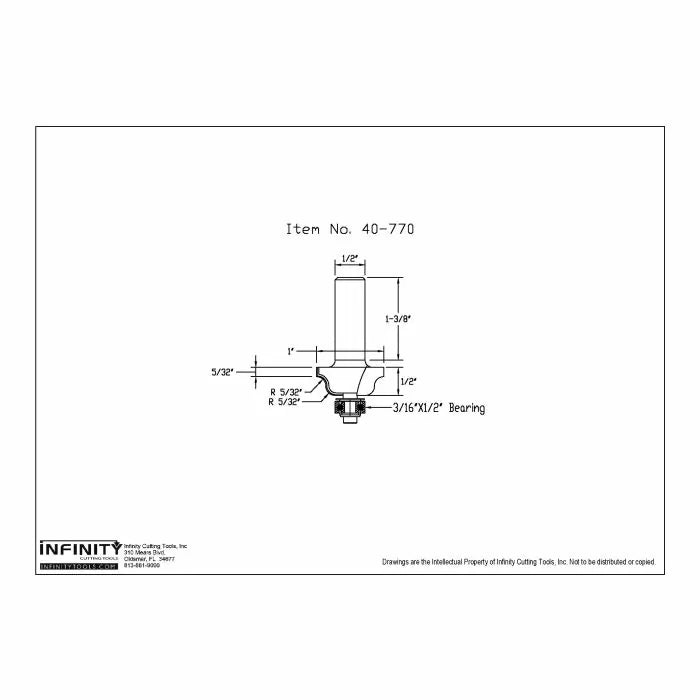 Technical drawing of a woodworking router bit with dimensions and bearing details.