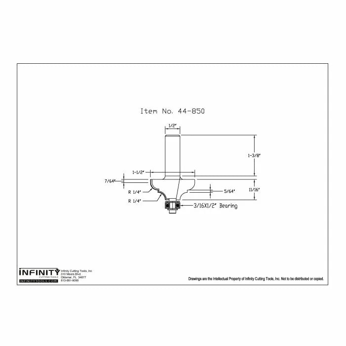 Technical drawing of router bit with measurements and 3/16 x 1/2 inch bearing, item 44-850