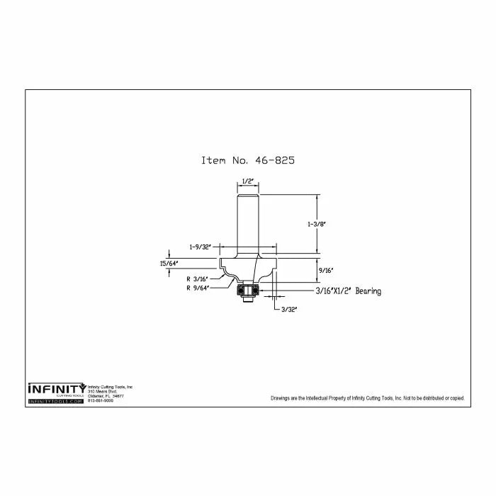 Technical drawing of woodworking router bit with detailed measurements and labeled dimensions.