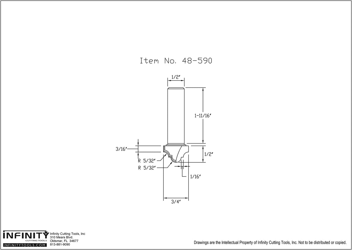 Technical drawing of router bit with detailed dimensions, woodworking tool diagram