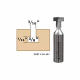 Dovetail router bit with dimensions 3/16", 7/16", and 3/8" for woodworking joints