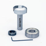 Half inch shank bowl and tray router bit with bearing, bearing ring, and hex key on white background