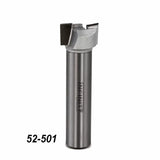 Straight flute carbide router bit for woodworking, labeled 52-501, on white background