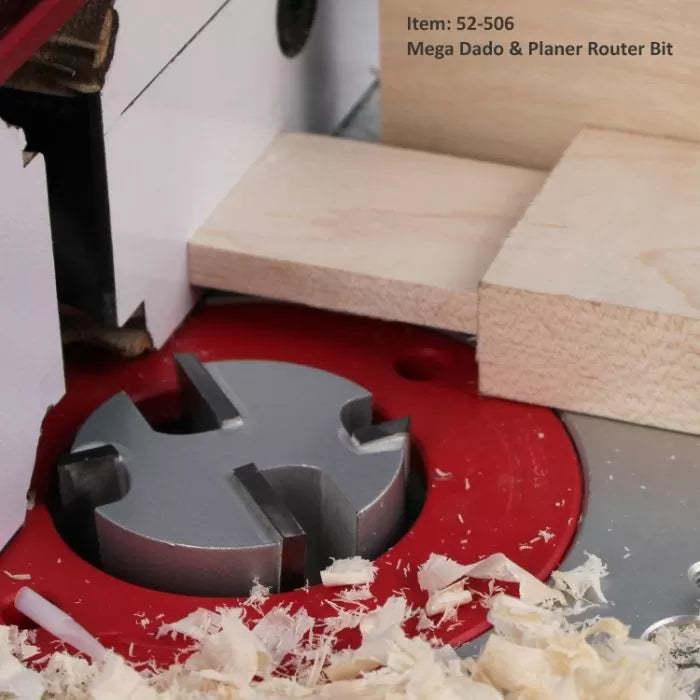 Mega Dado and Planer router bit cutting groove in wood with wood shavings on router table