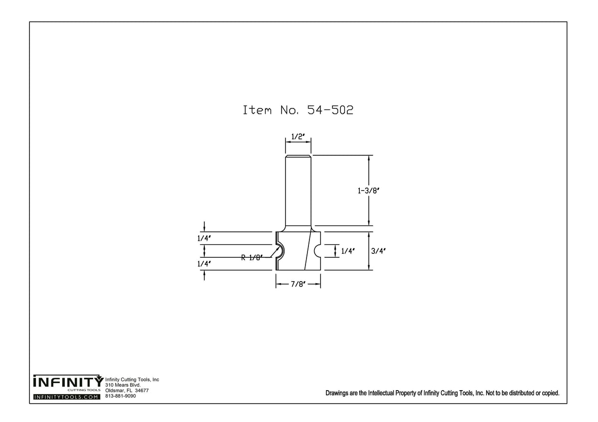 Technical drawing of woodworking router bit, item 54-502, with precise dimensions labeled.