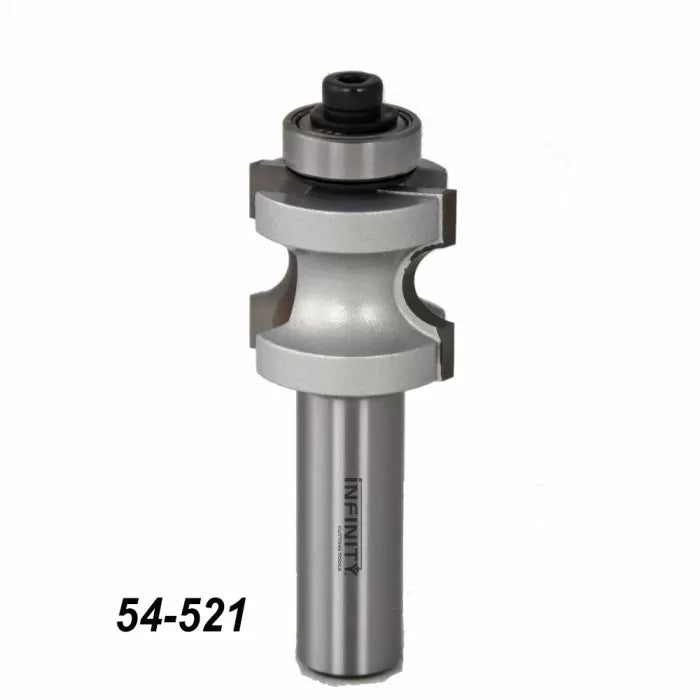 Roundover router bit with bearing, double cutting edges, part number 54-521, on white background.