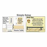 Simple setup diagram for router table joinery with woodworking tips and pressure guidance.