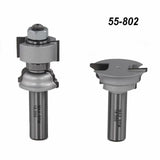 Woodworking router bit set with shank, labeled 55-802, for joinery and edge profiling.