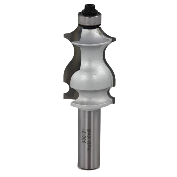 Woodworking router bit with ball bearing guide and ornate edge profile on white background