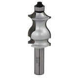 Woodworking router bit with ball bearing guide and ornate edge profile on white background