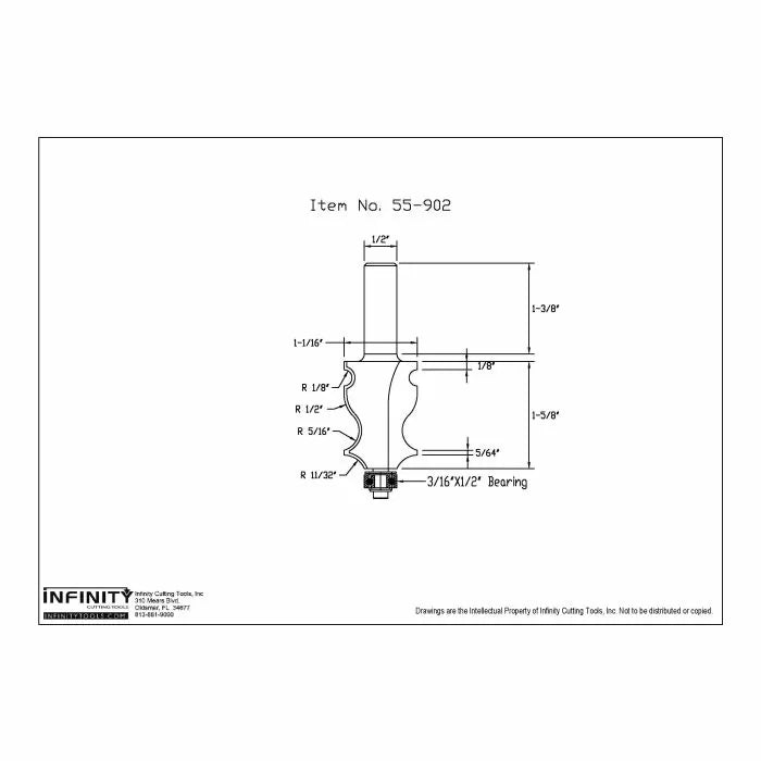 Technical drawing of 55-902 router bit with detailed measurements and bearing size.