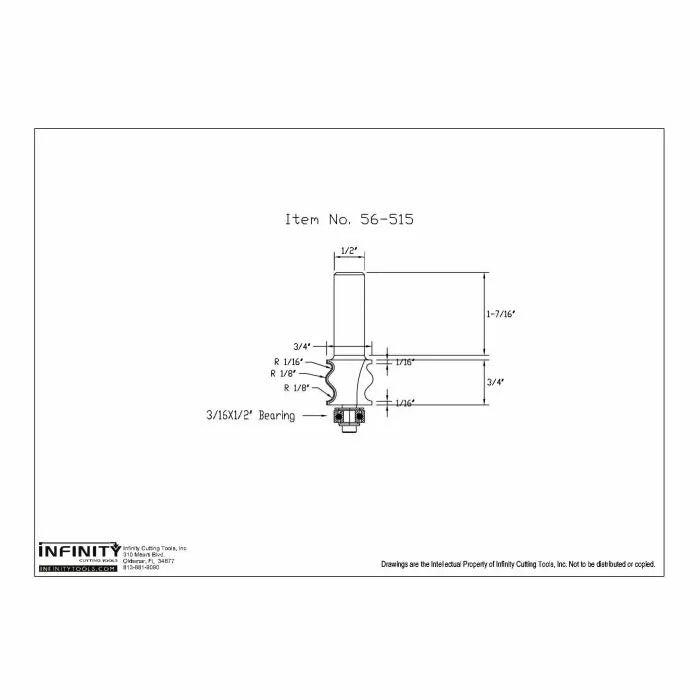 Technical drawing of woodworking router bit with labeled measurements and bearing size.