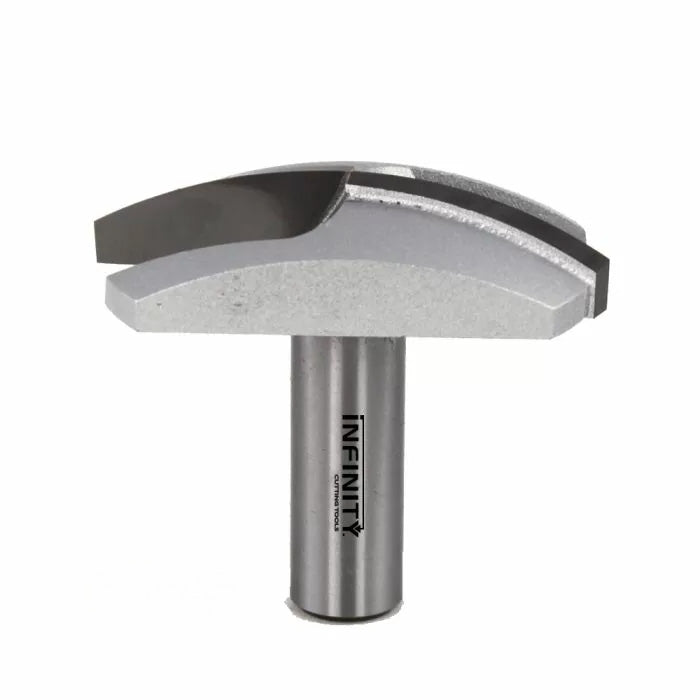 Carbide woodworking router bit with curved cutting edge and steel shank on white background