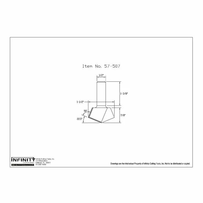 Technical drawing of router bit with dimensions, item 57-507, woodworking tool diagram