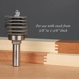 Stacked dado router bit with interlocking joint wood samples, ideal for joinery on thick stock.