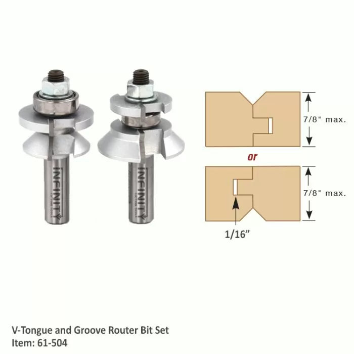 61-504 V-tongue and groove router bit set with joint diagram showing 7/8 inch maximum stock thickness
