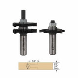 Router bit set with diagram for creating tongue and groove woodworking joints