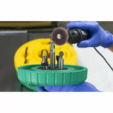 Person cleaning router bits with rotary tool and blade cleaning system for woodworking