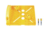 Yellow plastic router guide with adjustable clamps and two straight router bits on white background