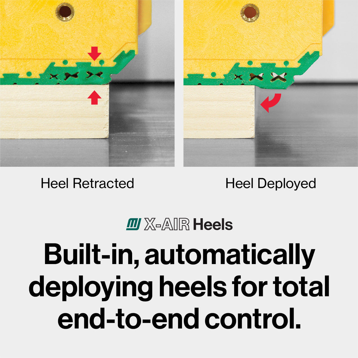 A product feature graphic for X-AIR Heels showing two close-up views of a yellow and green shoe heel mechanism labeled 'Heel Retracted' and 'Heel Deployed,' with text below stating 'Built-in, automatically deploying heels for total end-to-end control.'.