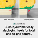 A product feature graphic for X-AIR Heels showing two close-up views of a yellow and green shoe heel mechanism labeled 'Heel Retracted' and 'Heel Deployed,' with text below stating 'Built-in, automatically deploying heels for total end-to-end control.'.