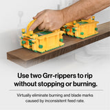 A hand uses two yellow and green Grr-ripper wood splitting tools on a wooden board, with text below explaining how to use them to rip wood without burning or blade marks.