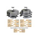 Rail and stile router bits with wood profile examples for ogee, shaker, standard, art deco, and mission panel cabinetry.