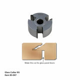Glass cutter router bit with diagram showing groove cut for glass panel doors, woodworking tool.