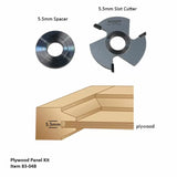 Plywood panel kit with 5.5mm slot cutter, spacer, and sample plywood groove.