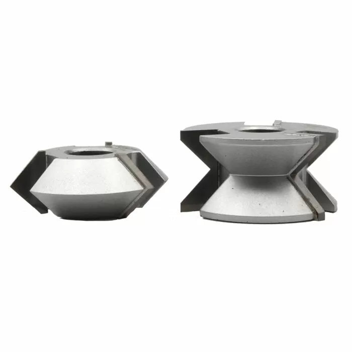 Set of two steel woodworking shaper cutters with sharp, angled blades for joinery cuts