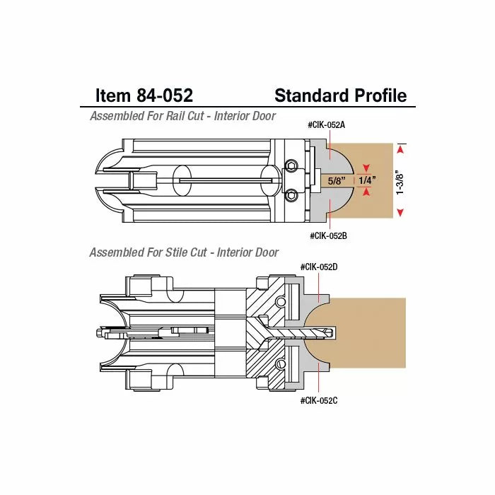 Technical diagram showing rail and stile cutter profiles for interior door woodworking.